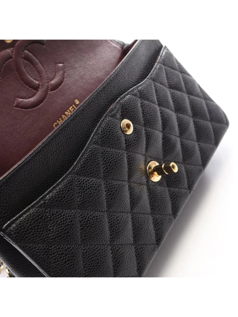 Chanel Shoulder Bag Quilted Double Flap Black Caviar Leather Chain